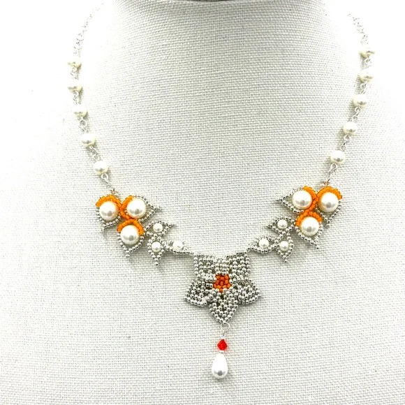 Hand Crafted Silver and Orange with Pearl Flower Necklace - Picture 4 of 9